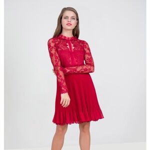 Marchesa Crimson Lace Long Sleeve Dress